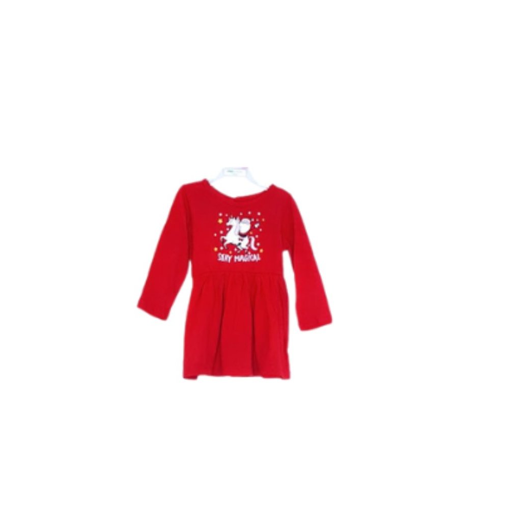 #KI-2 Infants Red Christmas Santa & Unicorn Print Long-Sleeve Dress